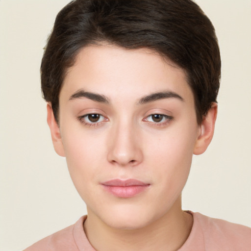 Neutral white young-adult female with short  brown hair and brown eyes