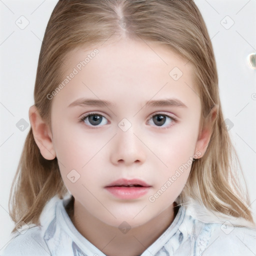 Neutral white child female with medium  brown hair and grey eyes