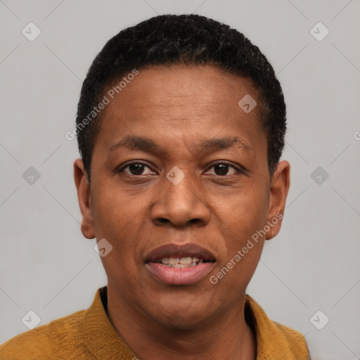 Joyful latino adult male with short  brown hair and brown eyes
