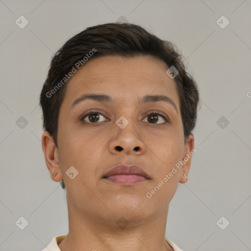 Neutral latino young-adult female with short  brown hair and brown eyes