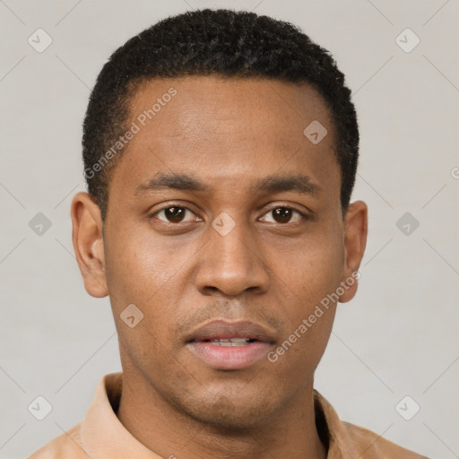 Neutral latino young-adult male with short  brown hair and brown eyes