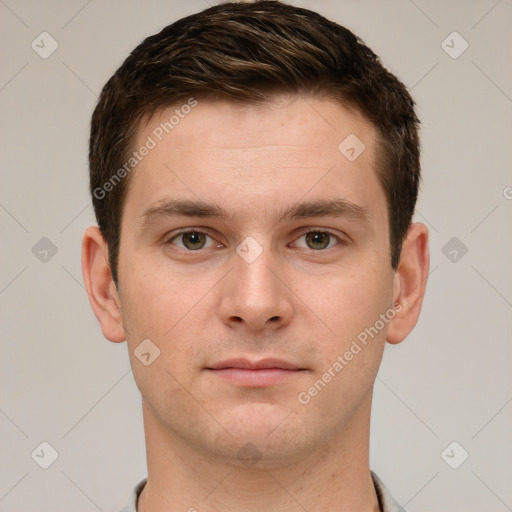 Neutral white young-adult male with short  brown hair and grey eyes