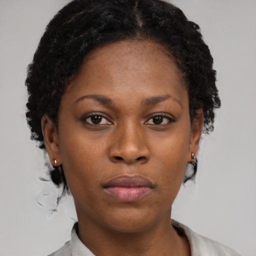 Neutral black adult female with short  black hair and brown eyes
