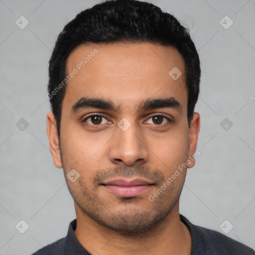 Neutral latino young-adult male with short  black hair and brown eyes