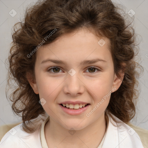 Joyful white child female with medium  brown hair and brown eyes