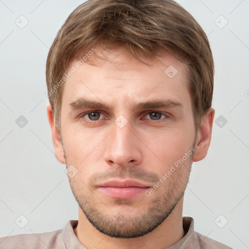 Neutral white young-adult male with short  brown hair and grey eyes