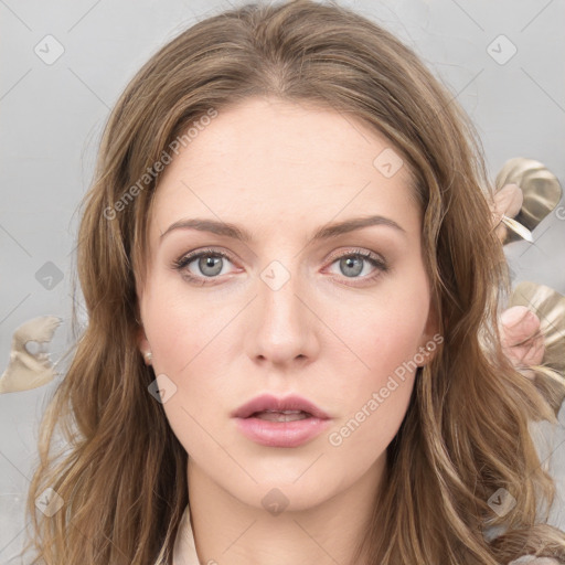 Neutral white young-adult female with medium  brown hair and grey eyes