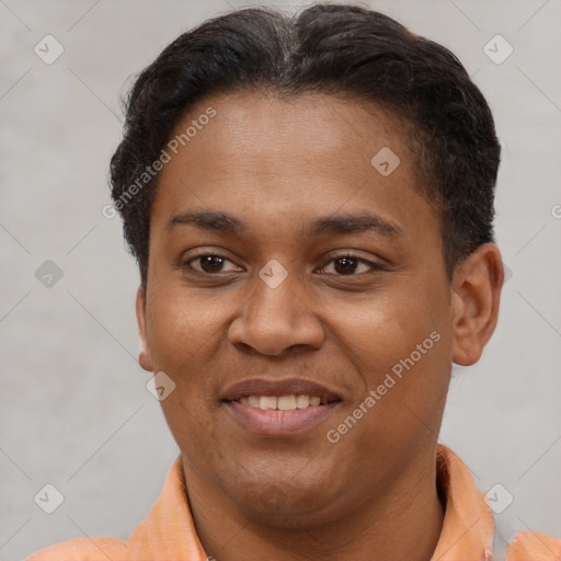 Joyful latino young-adult female with short  brown hair and brown eyes