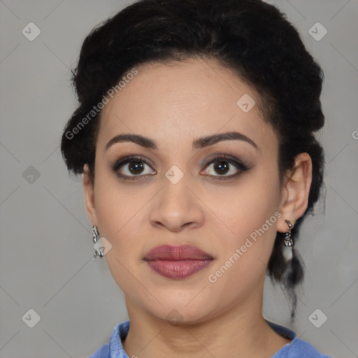 Joyful latino young-adult female with medium  brown hair and brown eyes