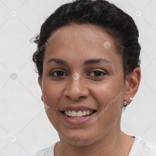 Joyful white young-adult female with short  brown hair and brown eyes