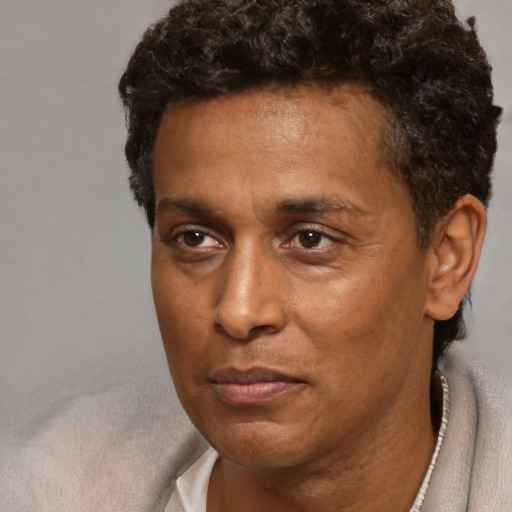 Neutral black adult male with short  black hair and brown eyes
