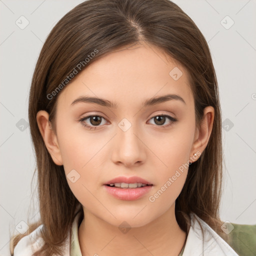 Neutral white young-adult female with medium  brown hair and brown eyes