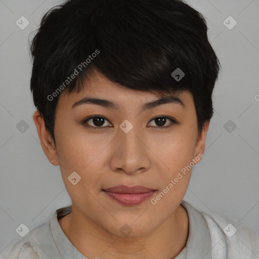 Joyful asian young-adult female with short  brown hair and brown eyes