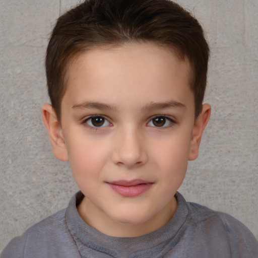 Joyful white child female with short  brown hair and brown eyes