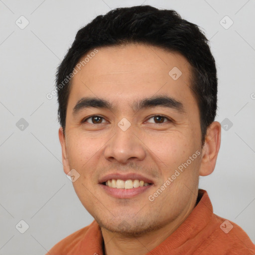 Joyful white young-adult male with short  black hair and brown eyes