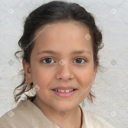 Joyful white child female with medium  brown hair and brown eyes