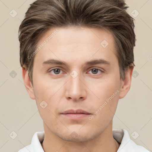 Neutral white young-adult male with short  brown hair and brown eyes