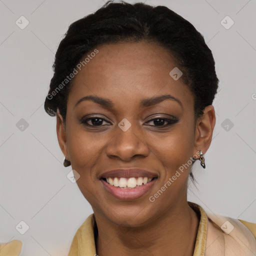 Joyful latino young-adult female with short  black hair and brown eyes