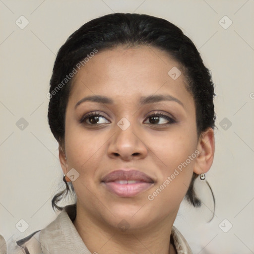 Joyful latino young-adult female with medium  black hair and brown eyes