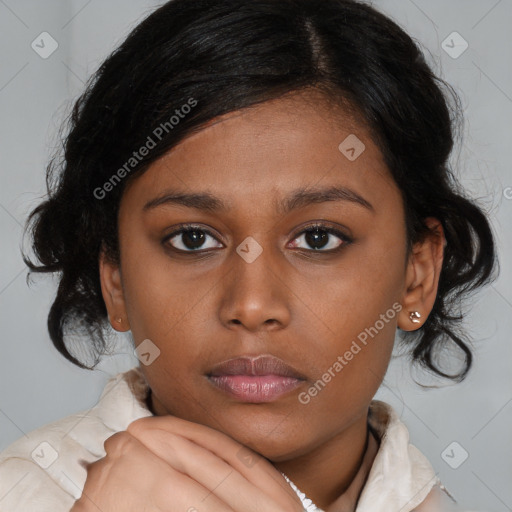 Neutral asian young-adult female with medium  brown hair and brown eyes