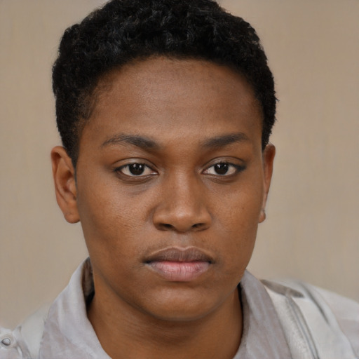 Neutral black young-adult female with short  brown hair and brown eyes