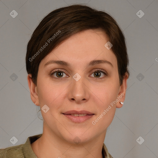 Joyful white young-adult female with short  brown hair and grey eyes