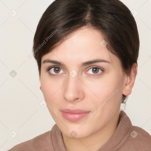 Neutral white young-adult female with short  brown hair and brown eyes