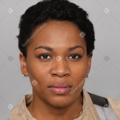 Neutral black young-adult female with short  black hair and brown eyes