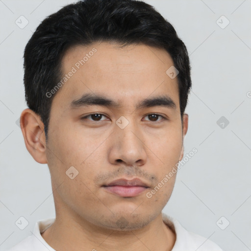 Neutral asian young-adult male with short  black hair and brown eyes