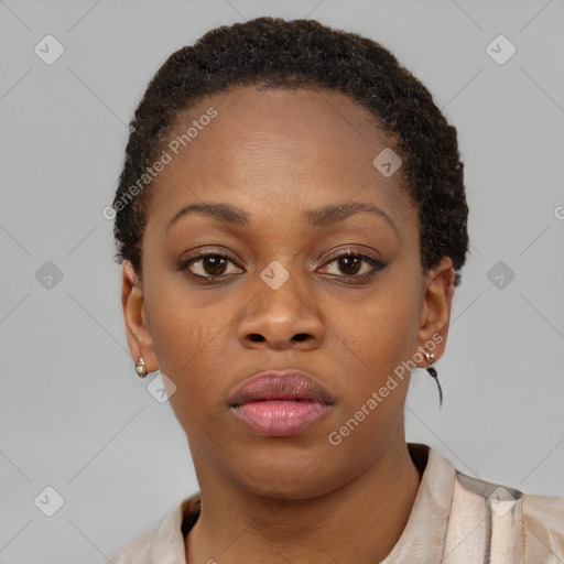 Neutral black young-adult female with short  brown hair and brown eyes