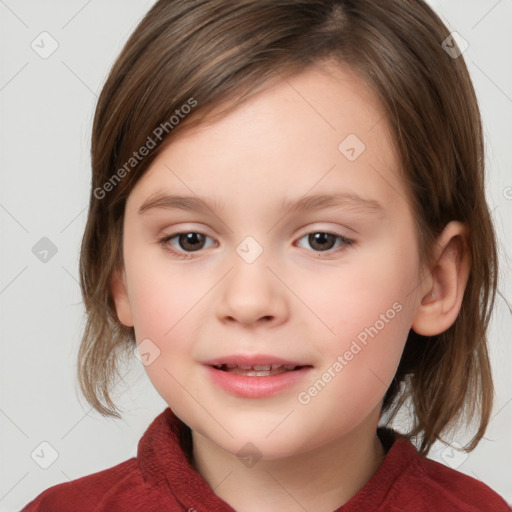 Joyful white child female with medium  brown hair and brown eyes