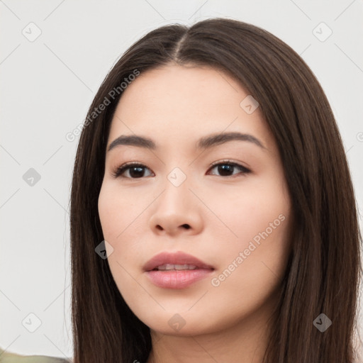 Neutral white young-adult female with long  brown hair and brown eyes