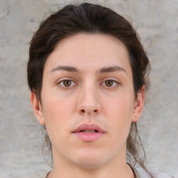 Neutral white young-adult female with medium  brown hair and brown eyes