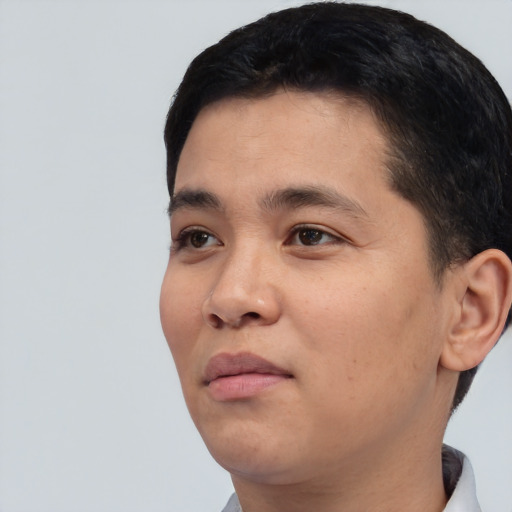 Neutral asian young-adult male with short  black hair and brown eyes