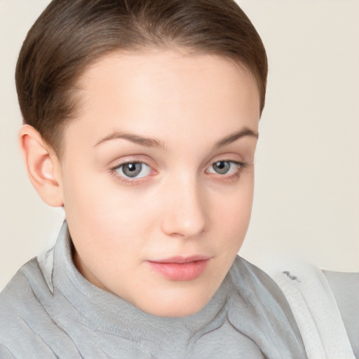 Neutral white young-adult female with short  brown hair and brown eyes