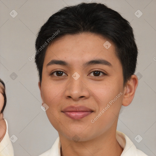 Joyful white young-adult female with short  brown hair and brown eyes