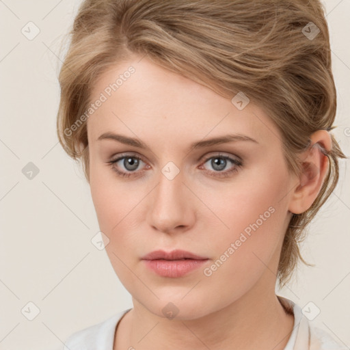 Neutral white young-adult female with medium  brown hair and grey eyes