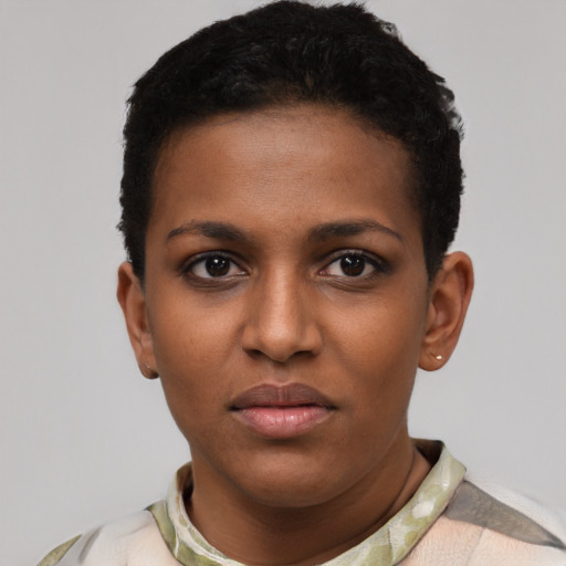 Neutral black young-adult female with short  black hair and brown eyes