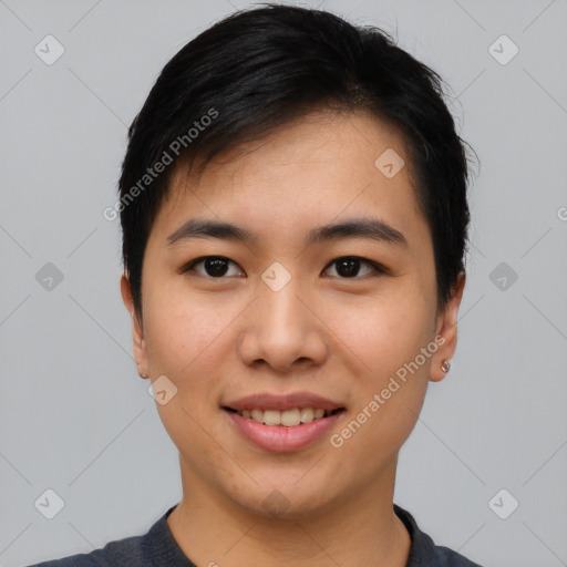 Joyful asian young-adult female with short  black hair and brown eyes