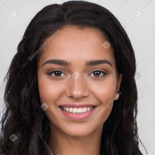 Joyful latino young-adult female with long  black hair and brown eyes