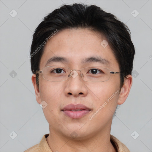 Neutral asian young-adult male with short  brown hair and brown eyes