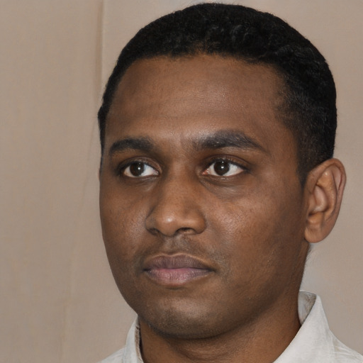 Neutral black young-adult male with short  black hair and brown eyes