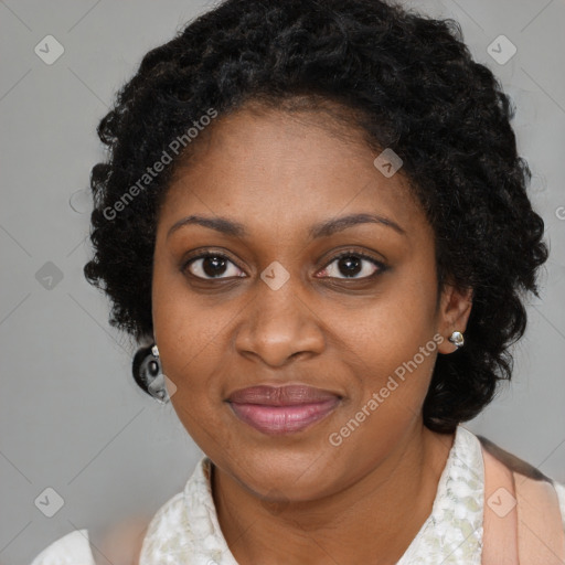 Joyful black adult female with medium  brown hair and brown eyes