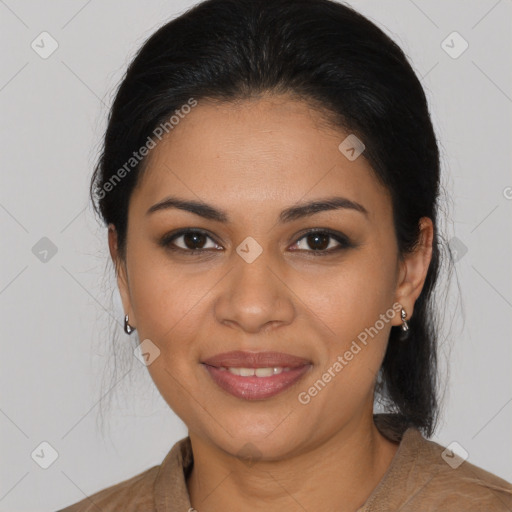 Joyful latino young-adult female with medium  brown hair and brown eyes