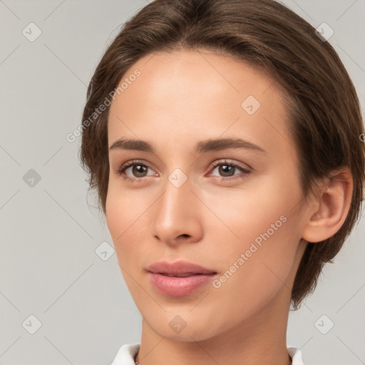 Neutral white young-adult female with medium  brown hair and brown eyes