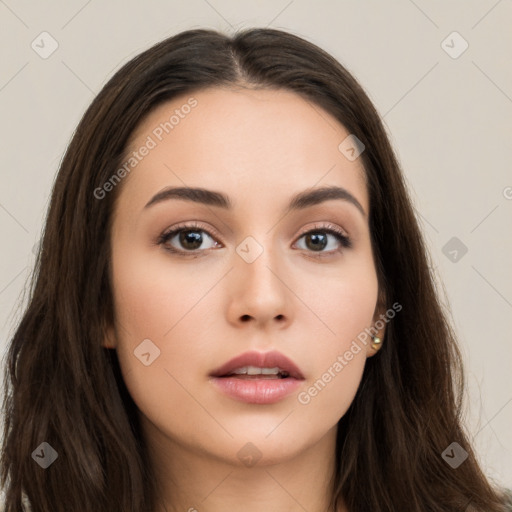 Neutral white young-adult female with long  brown hair and brown eyes