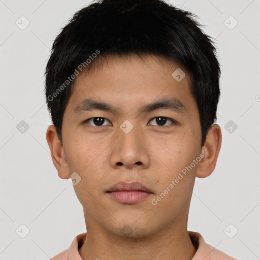 Neutral asian young-adult male with short  brown hair and brown eyes