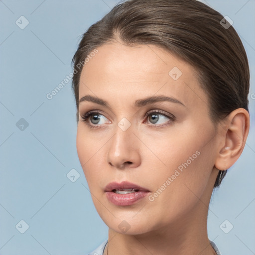 Neutral white young-adult female with medium  brown hair and brown eyes