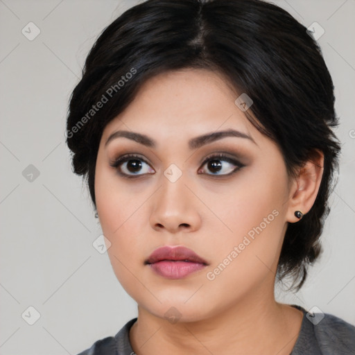 Neutral asian young-adult female with medium  black hair and brown eyes