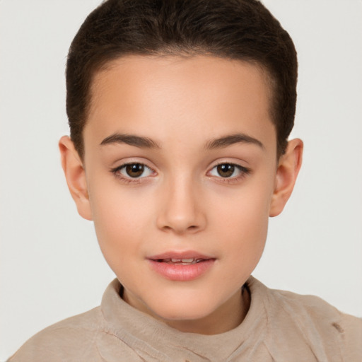 Joyful white child female with short  brown hair and brown eyes